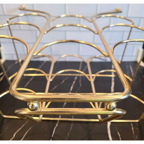 Vintage Gold Brass Wine Rack 9 Bottle Liquor Holder Bar Caddy w Handle MCM Retro - Picture 7 of 12